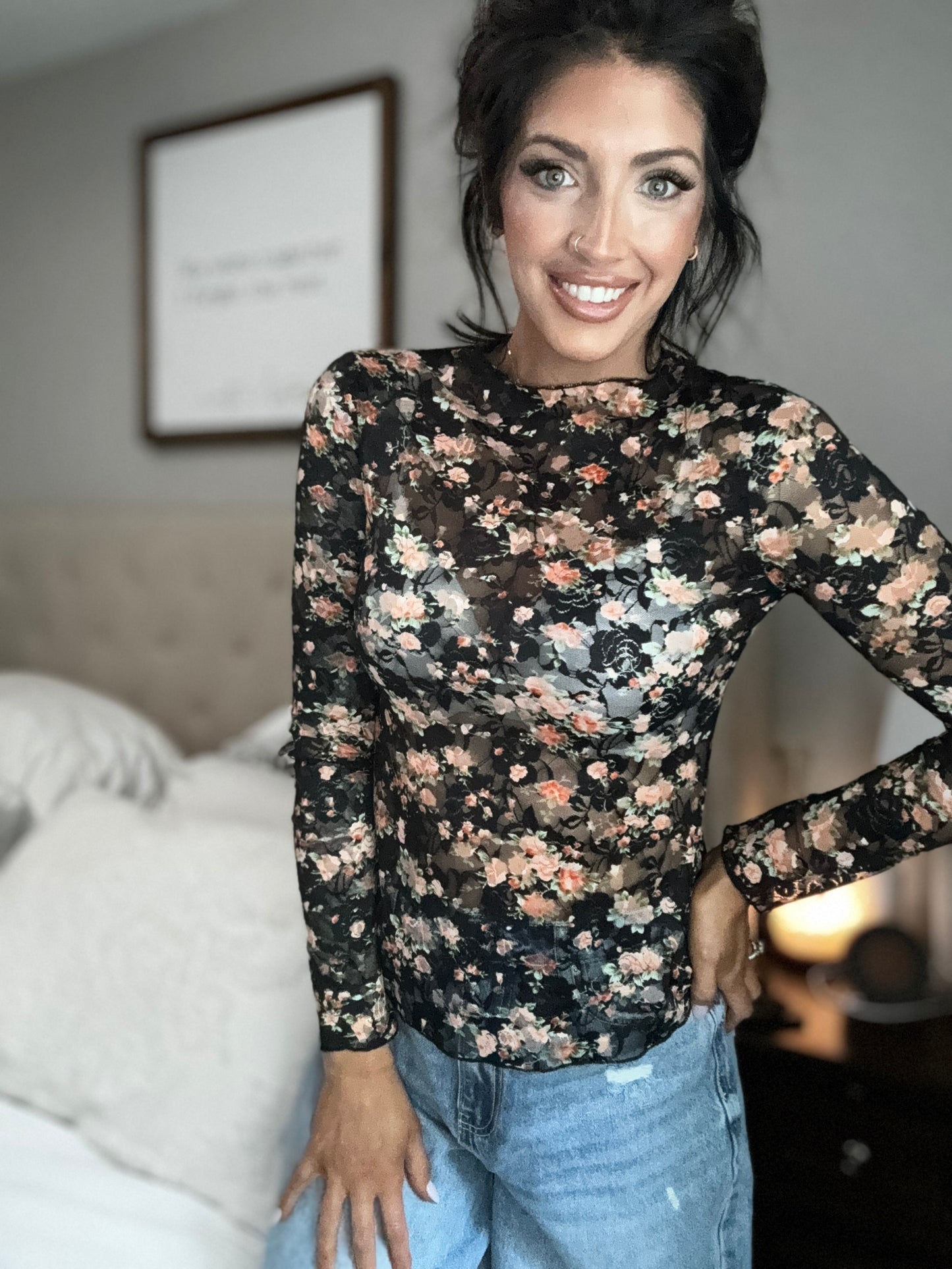 Black floral mesh shirt