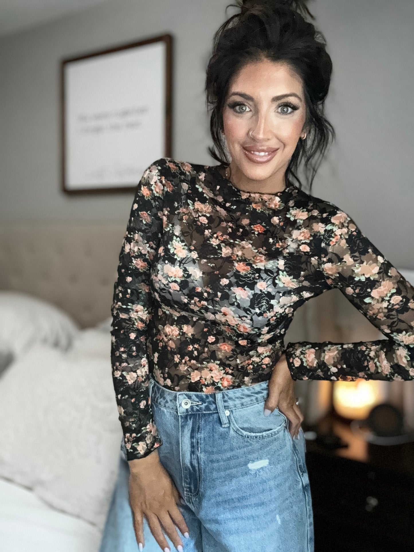 Black floral mesh shirt